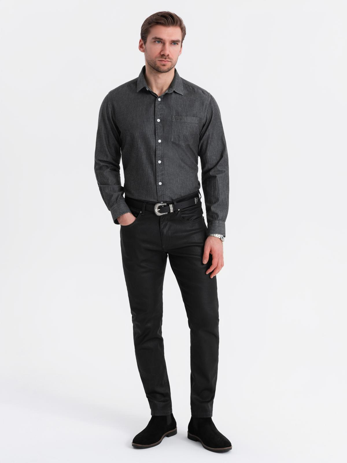 Ombre Men&#039;s denim shirt with embroidered pocket - black