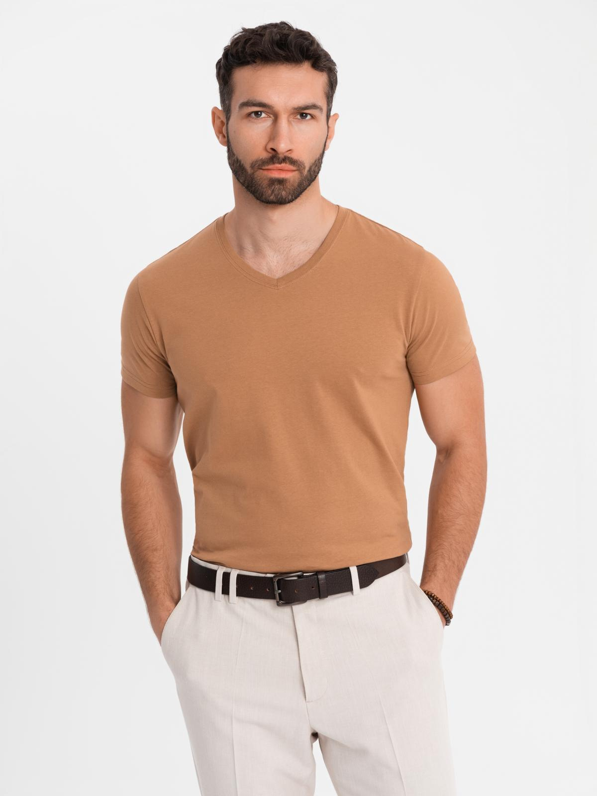 Ombre Mens BASIC classic cotton T-shirt with a v-neck - brown