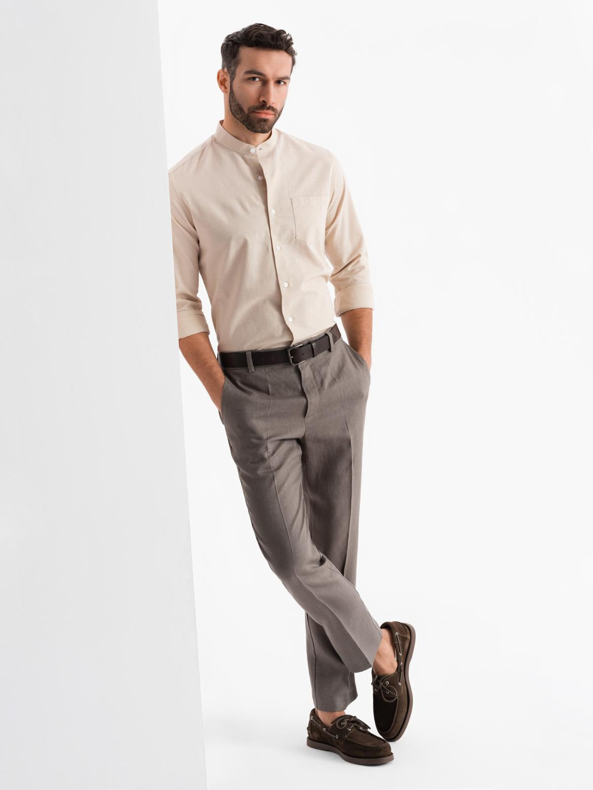 Ombre Men's linen shirt with collar and pocket REGULAR FIT - cream