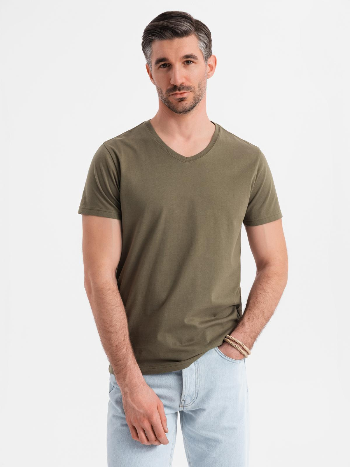 Ombre Men's BASIC classic cotton T-shirt with a serape neckline - dark olive