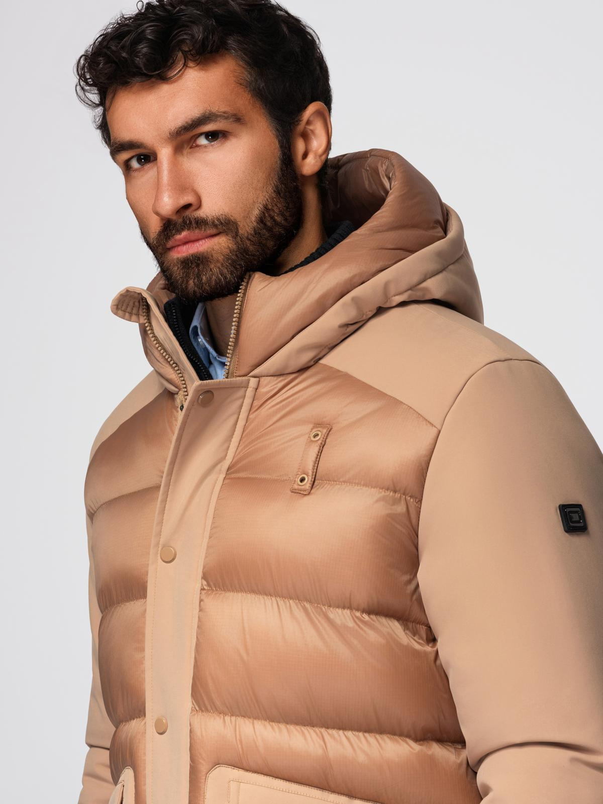 Ombre Men&#039;s long quilted jacket with large pockets - beige