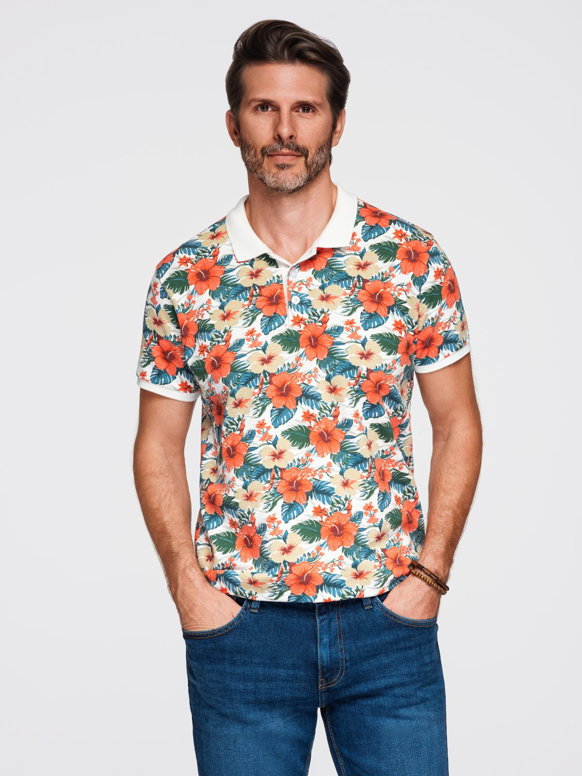 Ombre Cotton polo shirt with floral print - white