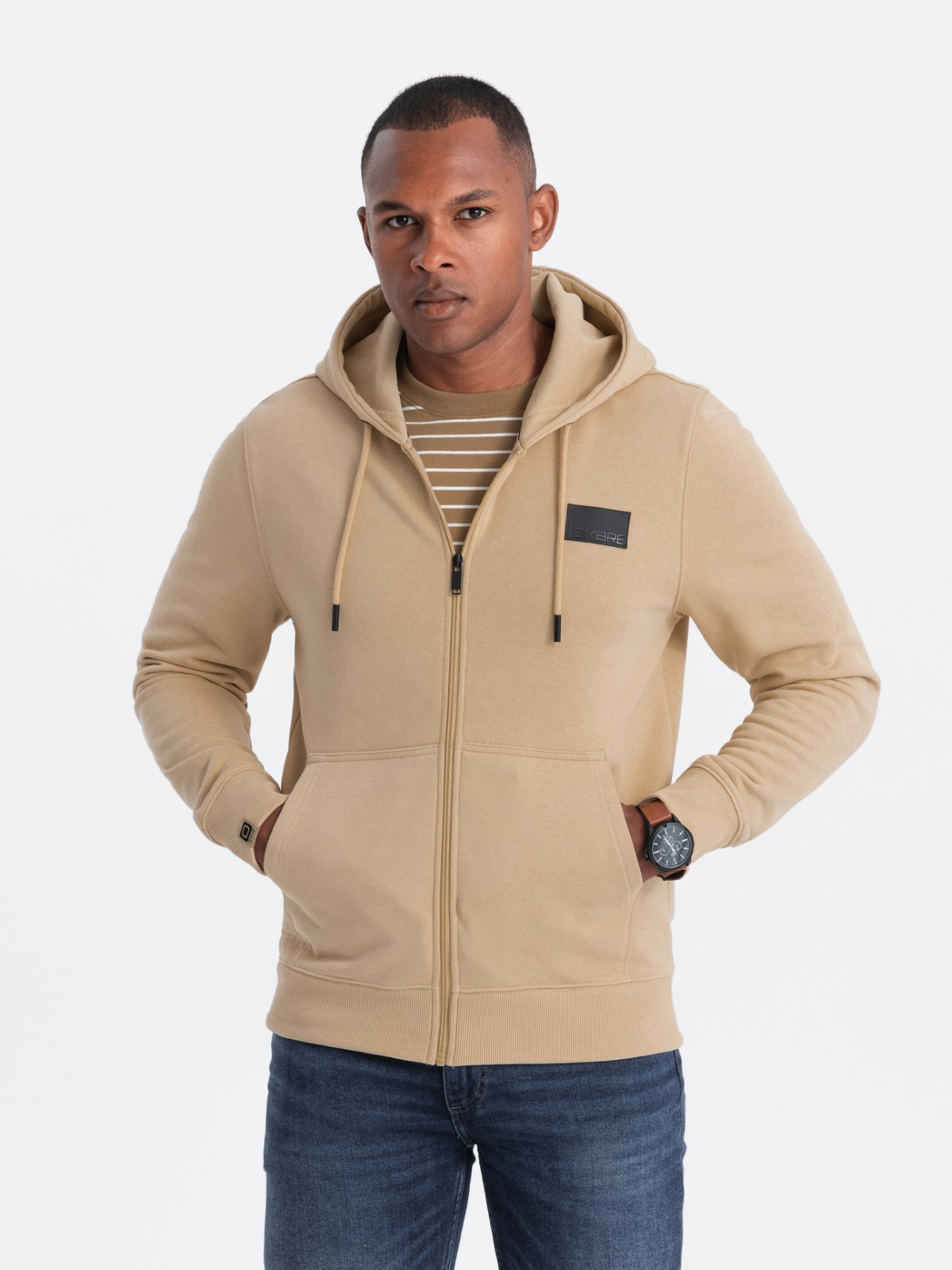 Ombre Men&#039;s unbuttoned sweatshirt with hood and patch - sand