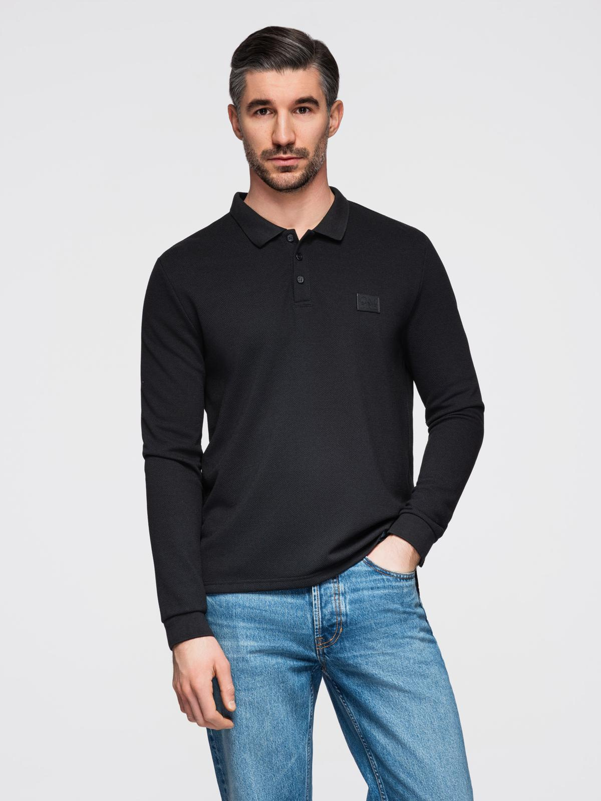Ombre Structured men's polo longsleeve with patch - black