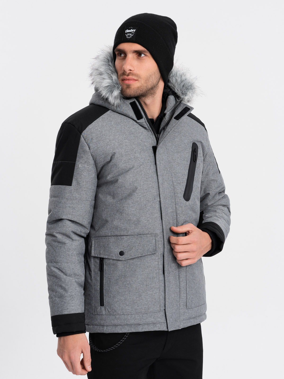 Levně Ombre Men's winter jacket with adjustable hood with detachable fur - grey and black