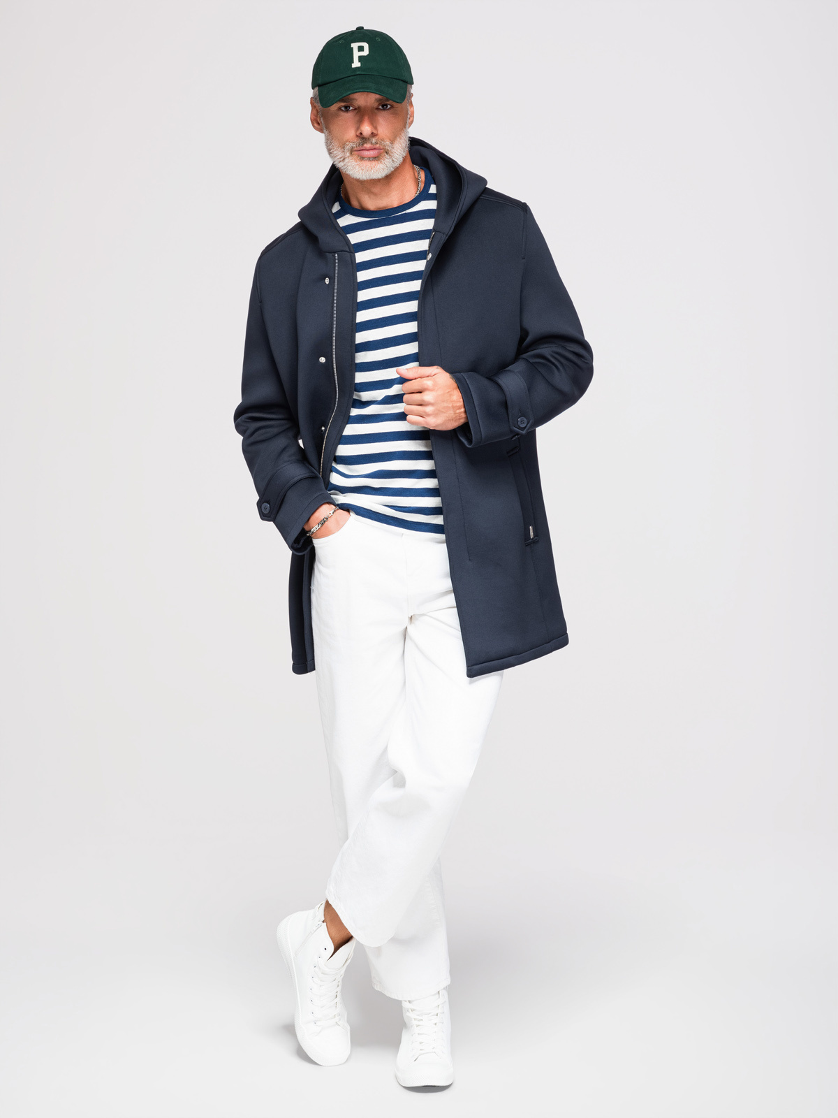 Ombre Minimalist men's mid-length coat with hood - navy blue