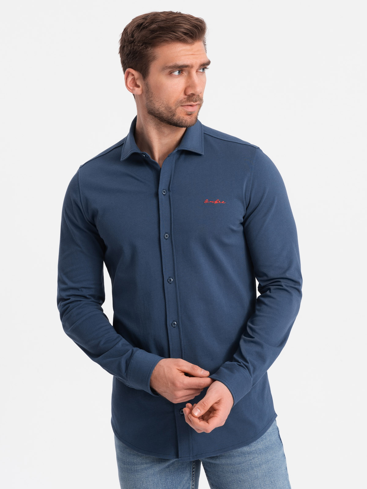 Levně Ombre Men's cotton single jersey knit REGULAR shirt - blue
