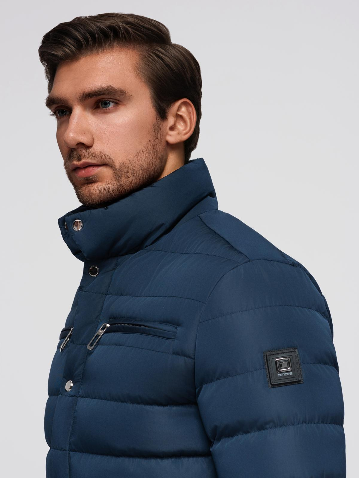 Ombre Men&#039;s quilted jacket with stand-up collar and chest zips - navy blue
