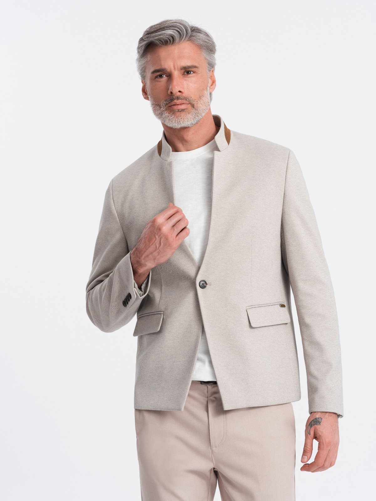 Ombre Men&#039;s melange rayon jacket with stand-up collar - beige melange