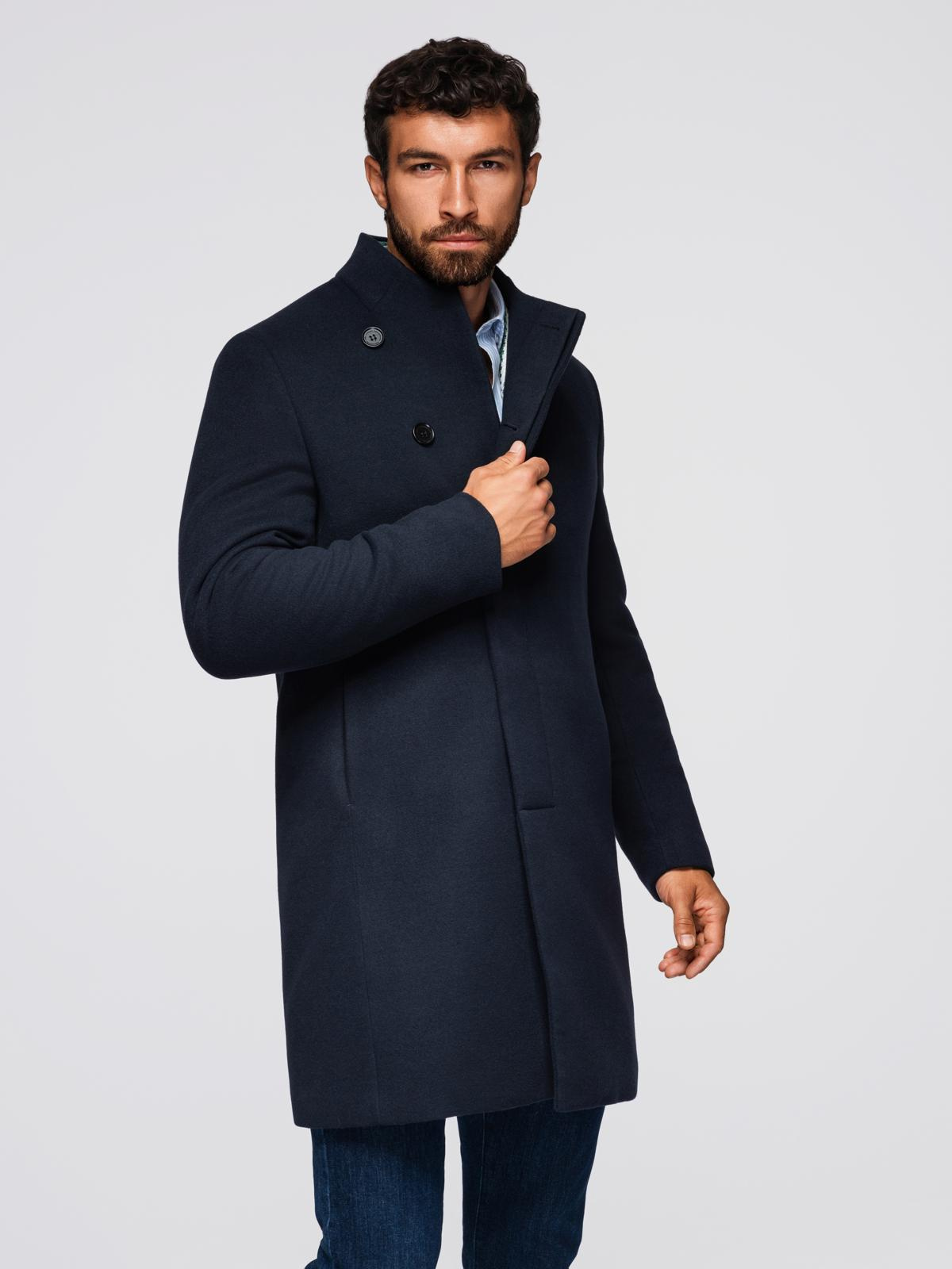Ombre Men&#039;s coat with asymmetrical fastening and high collar - navy blue