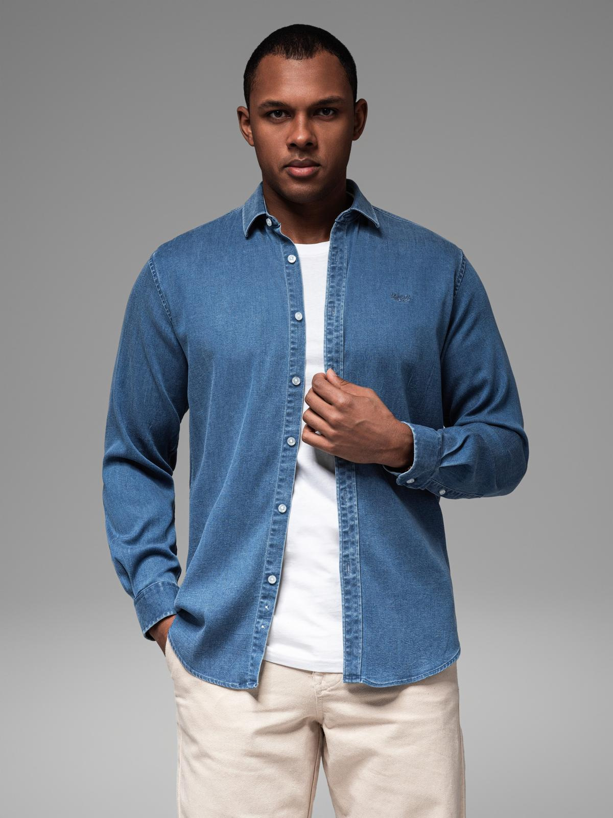 Ombre Men&#039;s denim shirt with lyocell and embroidery on the chest - blue