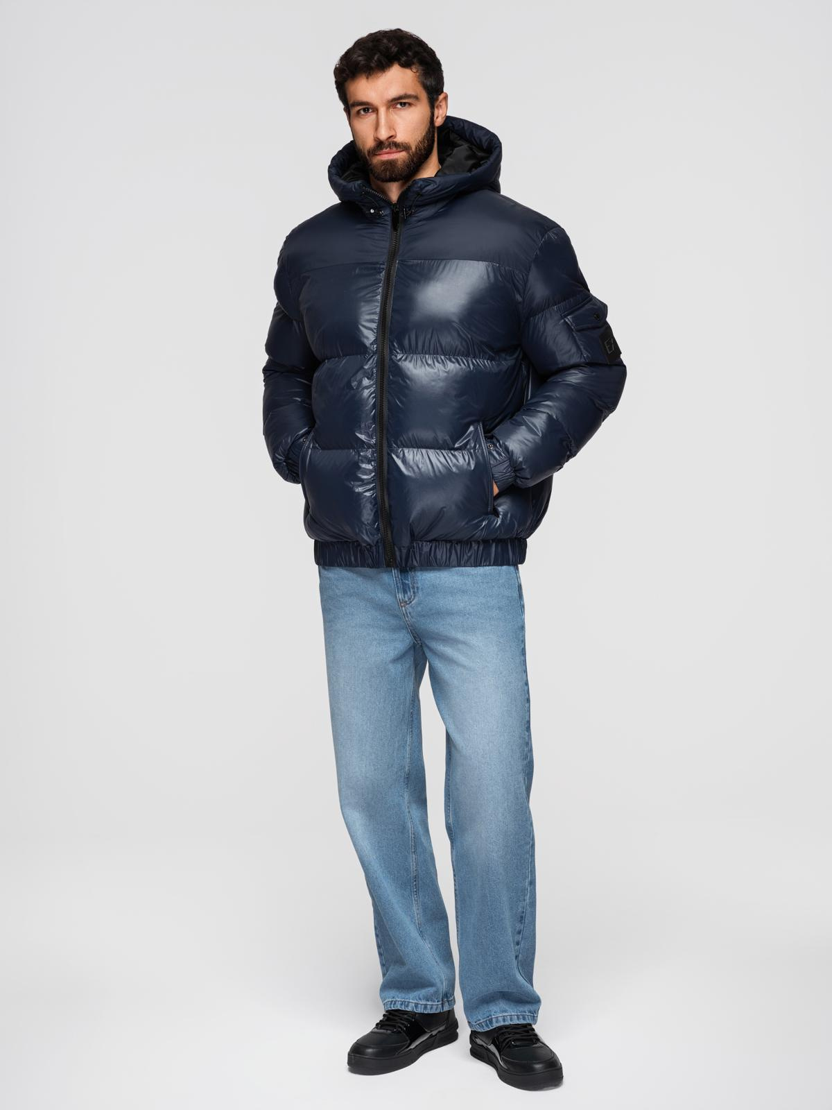 Ombre Warm men's puffer jacket with welts - navy blue