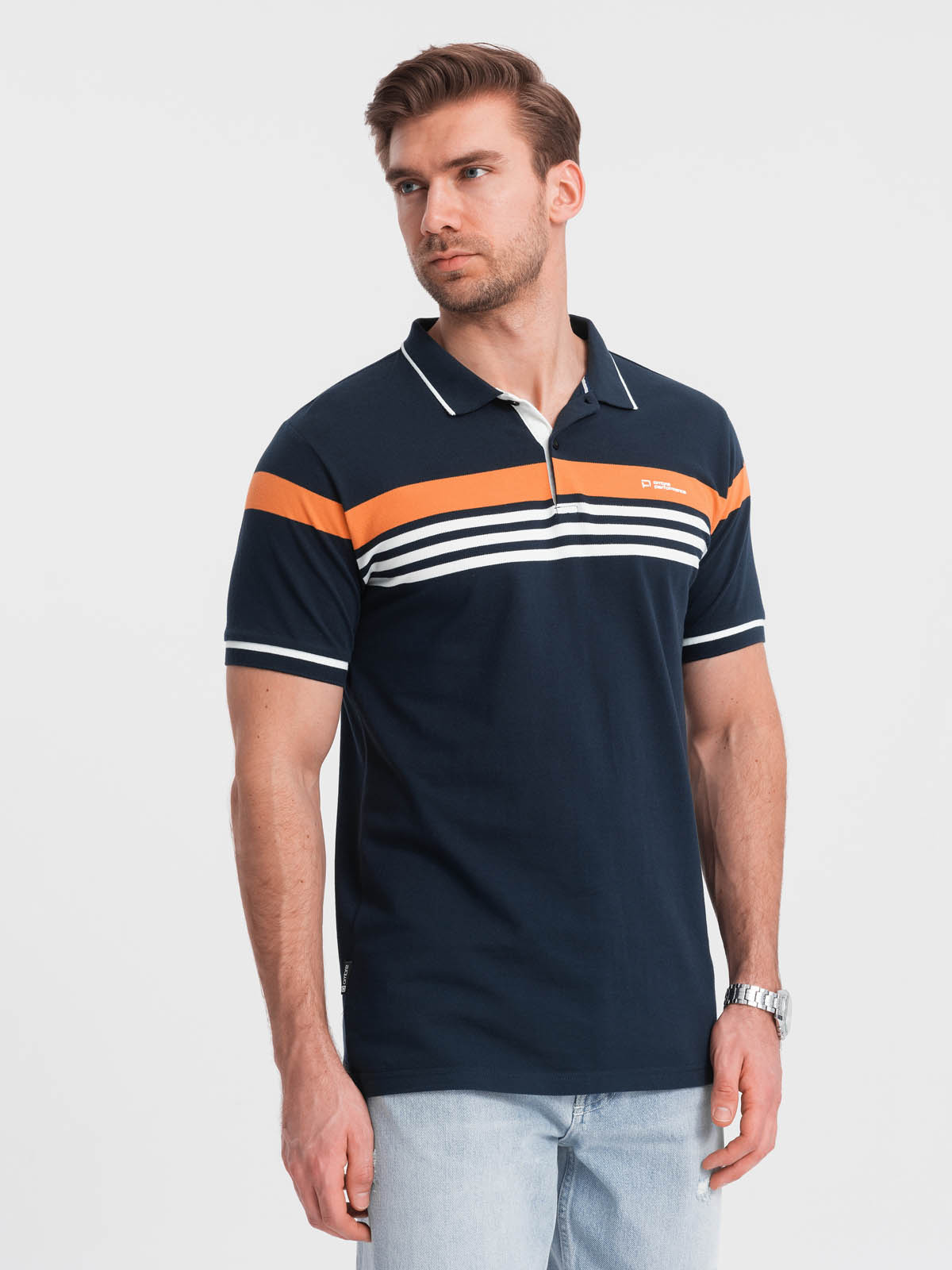 Ombre Fitted men's polo shirt with two-tone stripes - navy blue