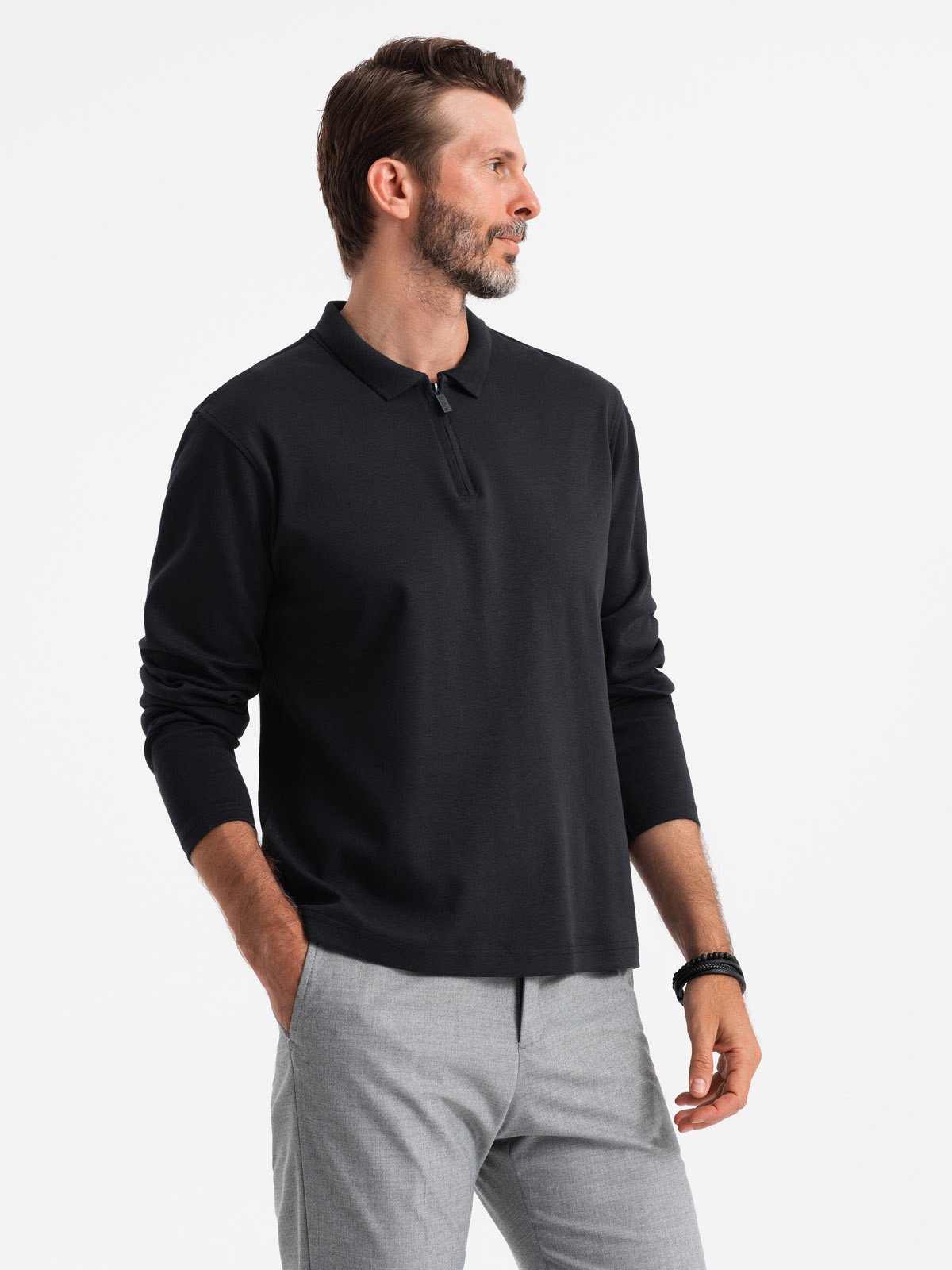 Ombre Men's Longsleeve With Zippered Polo Collar - Black