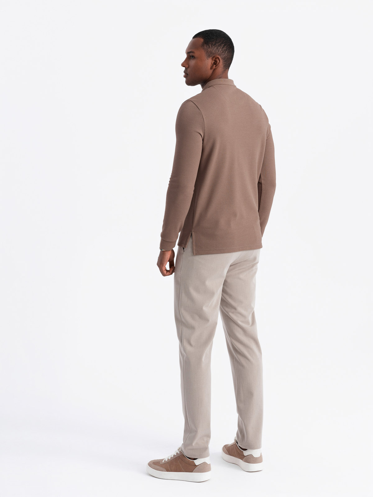 Ombre Men's structured polo longsleeve with patch - brown