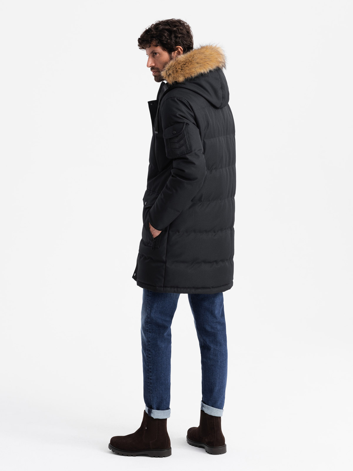 Ombre Men's long warm parka jacket with hood - black
