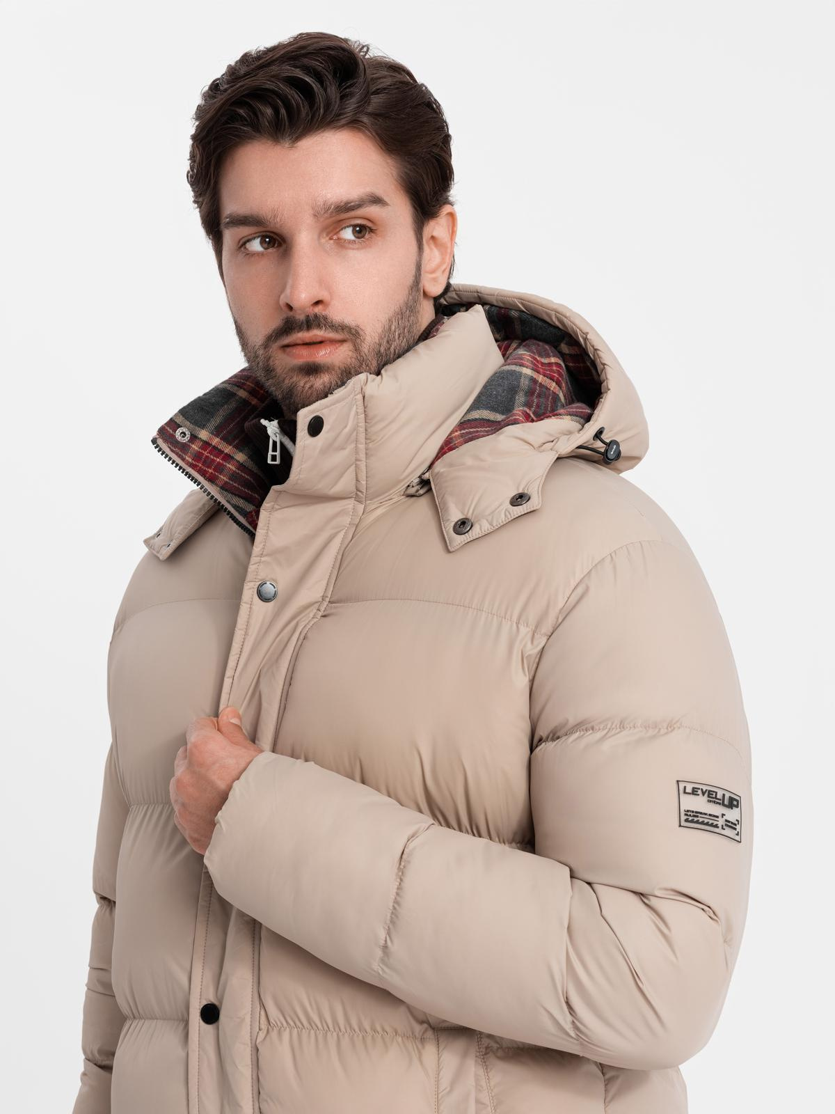 Ombre Men's puffer jacket with check lining - beige