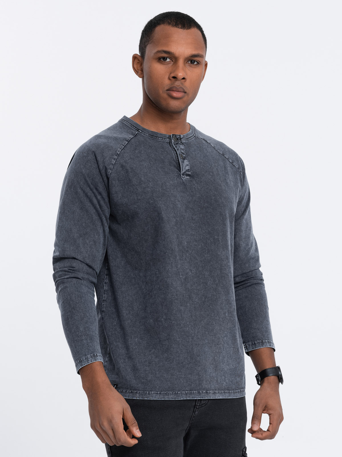Ombre Men&#039;s wash henley longsleeve with raglan sleeves - dark blue