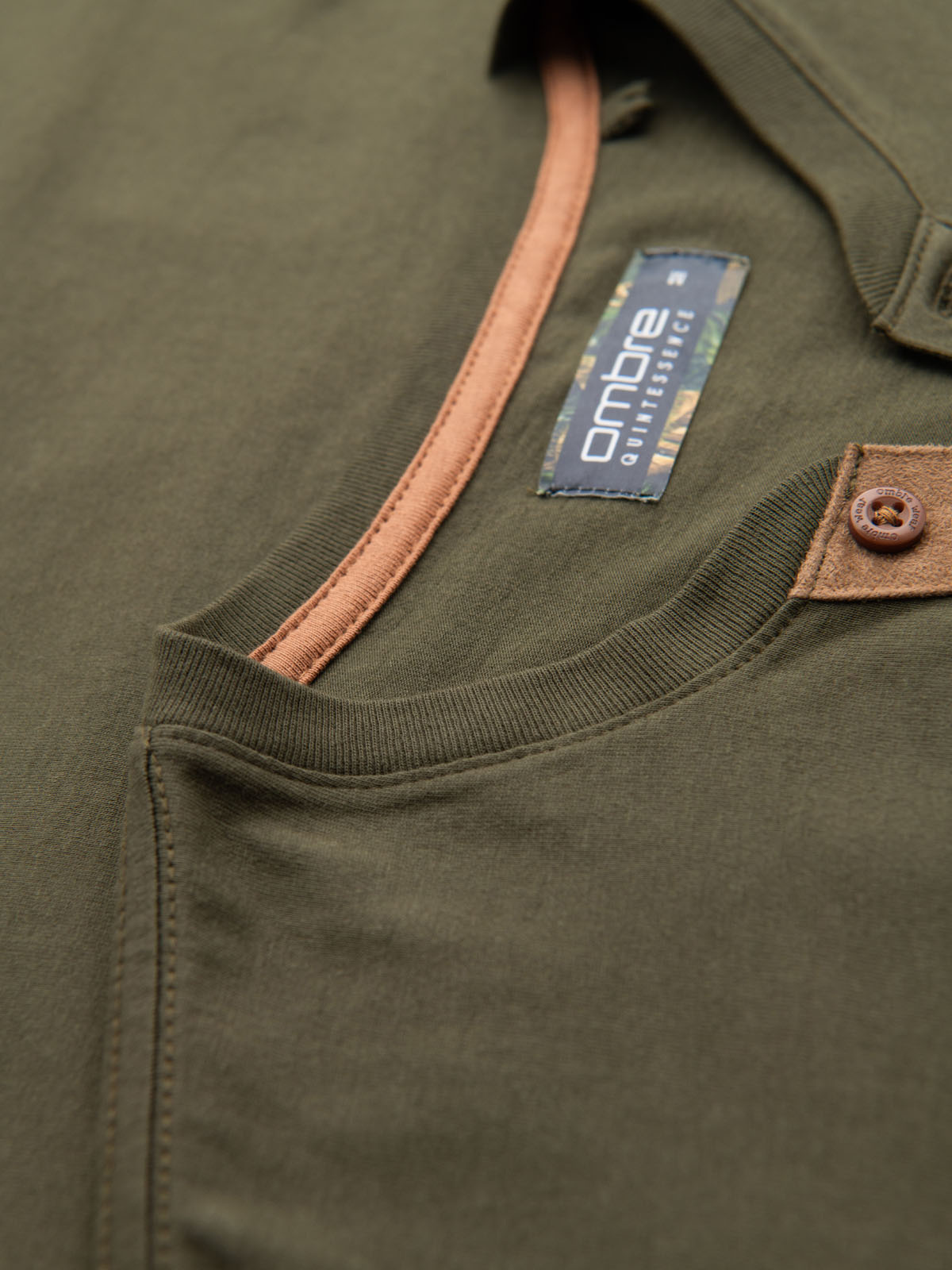 Ombre Men's T-shirt with button neckline and suede trim - dark olive