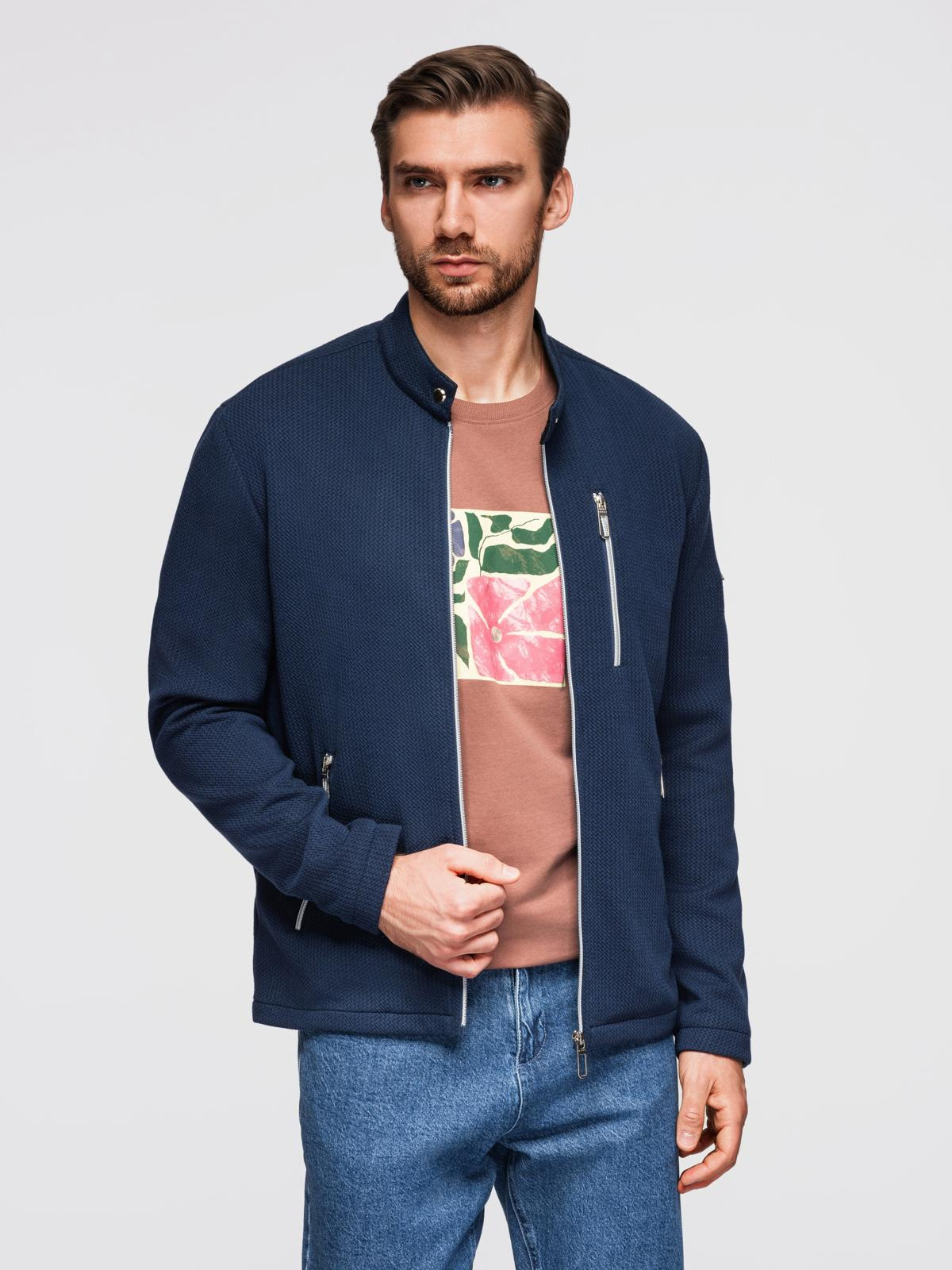 Ombre Structured mens biker jacket with stand-up collar - dark blue