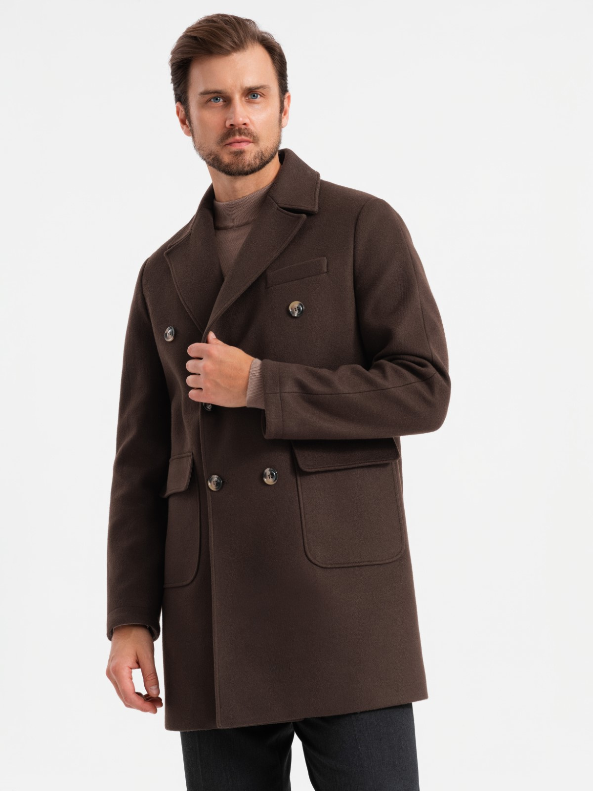 Ombre Men's double-breasted coat with decorative buttons - dark brown