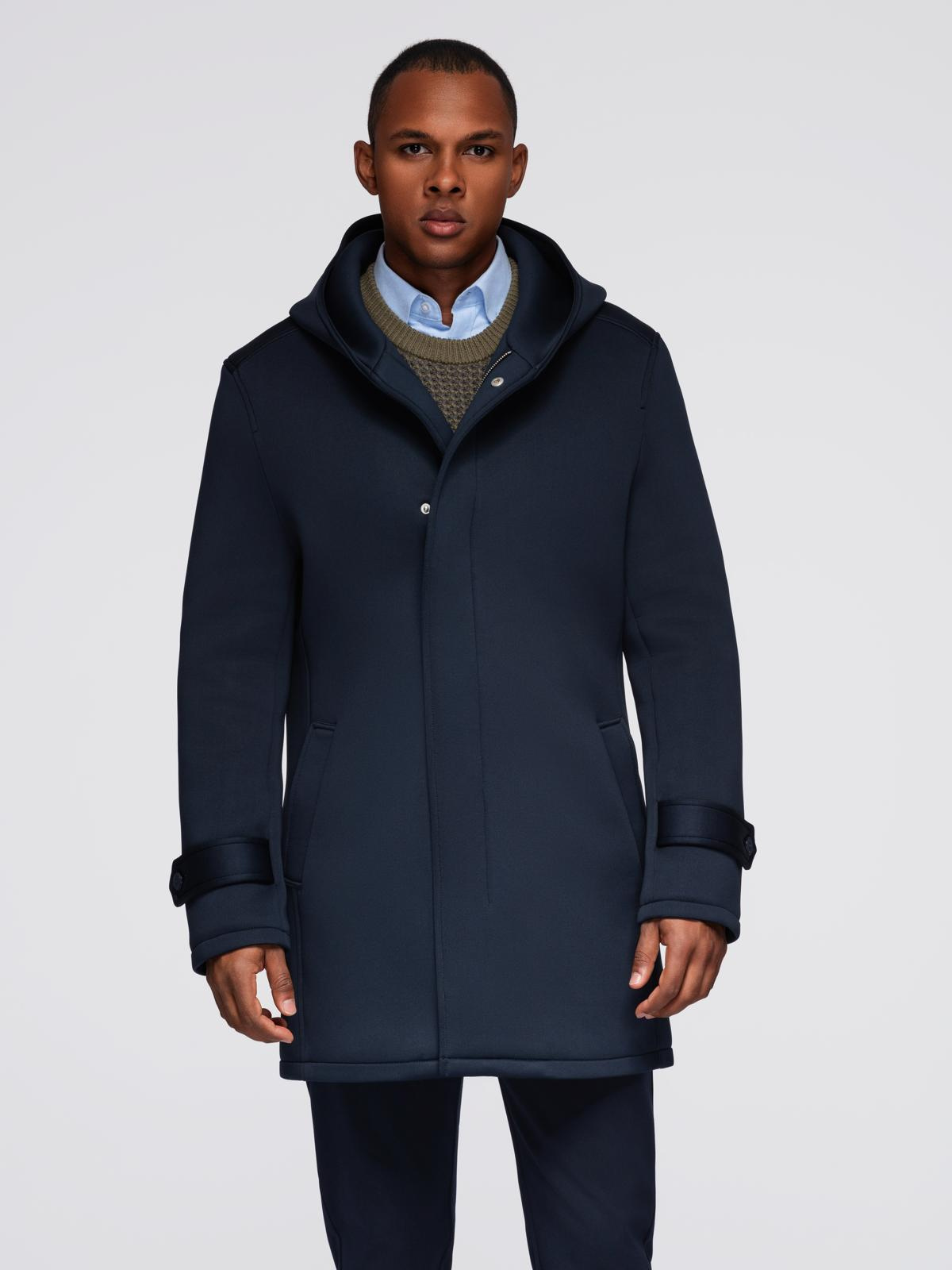 Ombre Minimalist men&#039;s mid-length coat with hood - navy blue