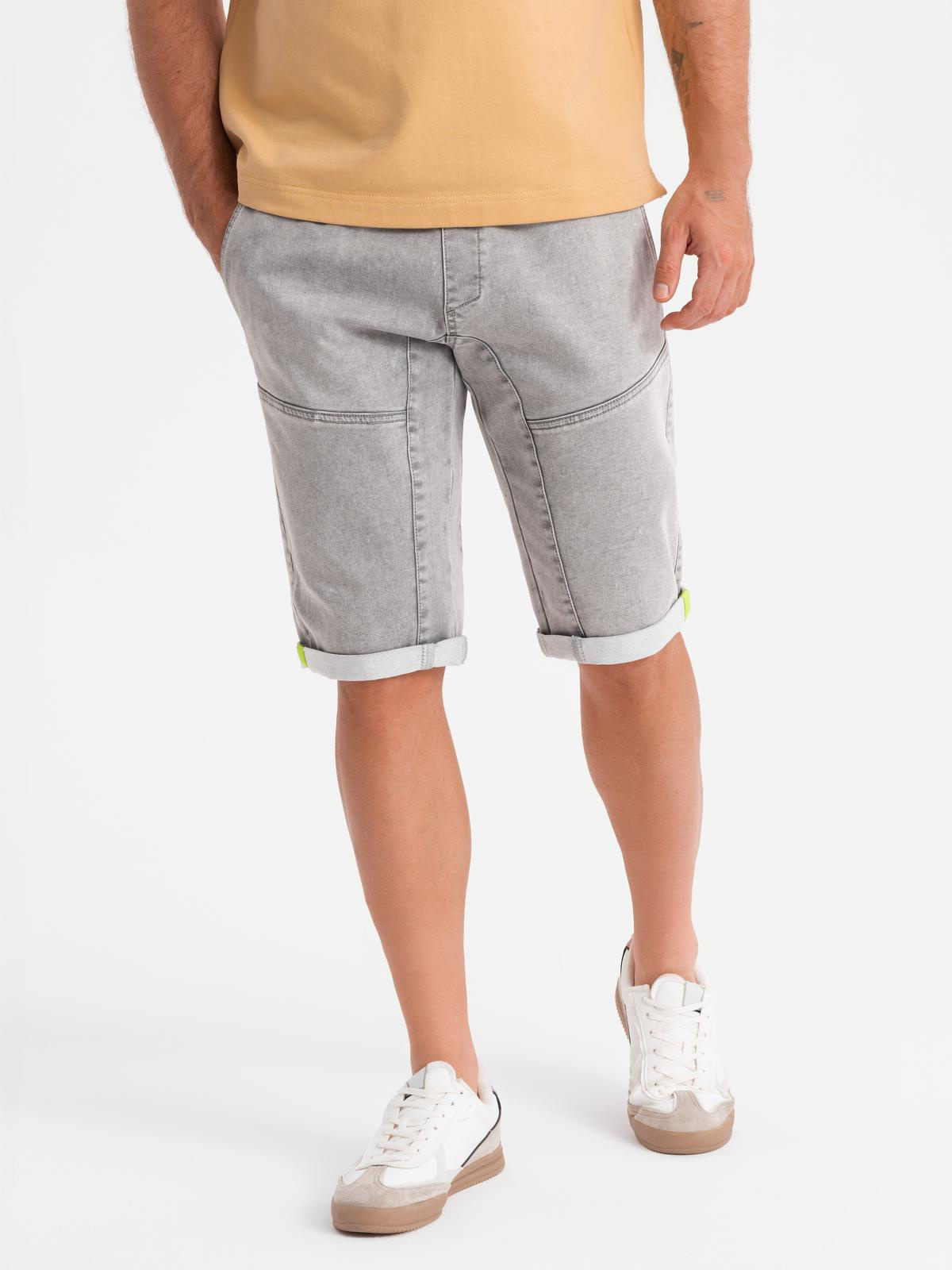 Ombre Men's denim short shorts with decorative stitching - light grey
