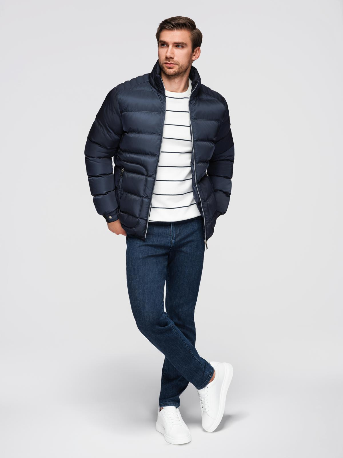 Ombre Men&#039;s quilted jacket with sheen and stand-up collar - dark blue