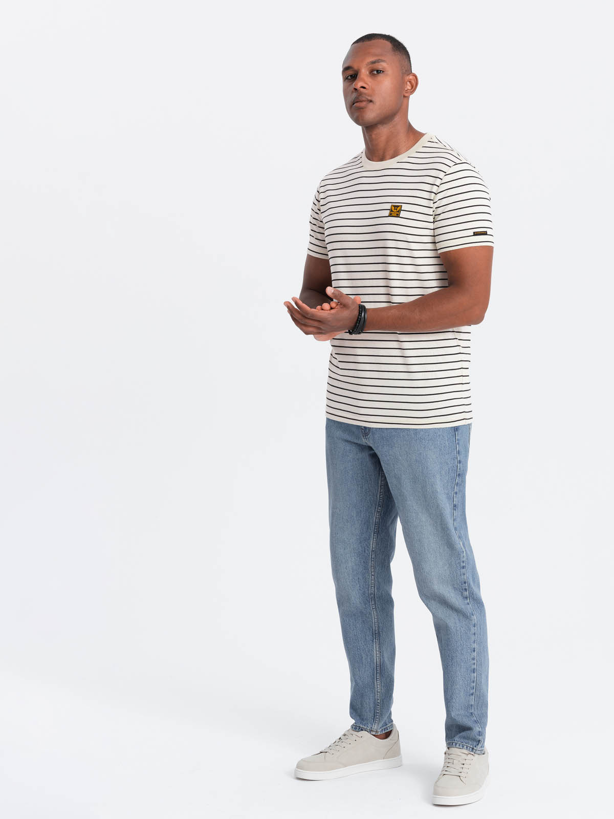 Men's striped t-shirt with patch by Ombre Design - cream and black