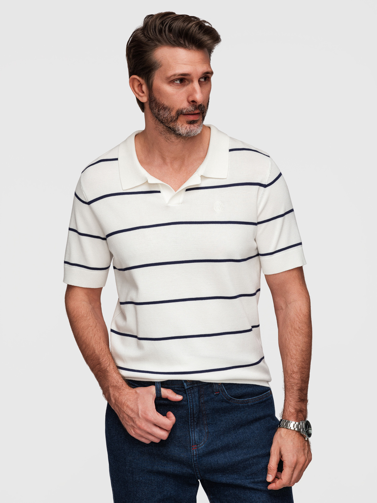 Ombre Men's horizontal striped viscose polo shirt - white and navy