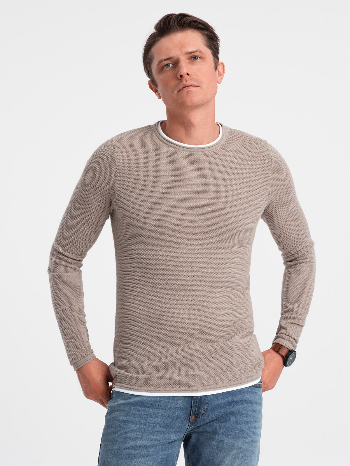 Ombre Men's cotton sweater with round neckline - cold beige