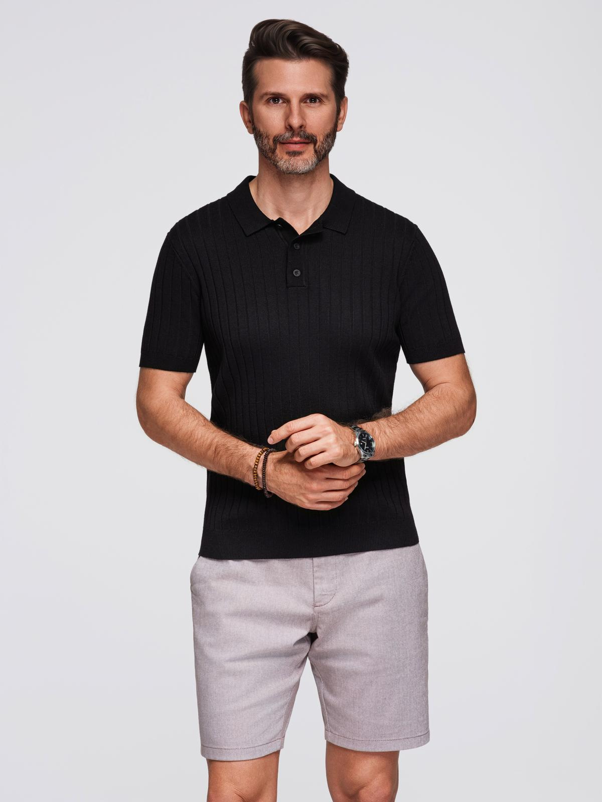 Ombre Men's SLIM FIT viscose vertical striped polo shirt - black