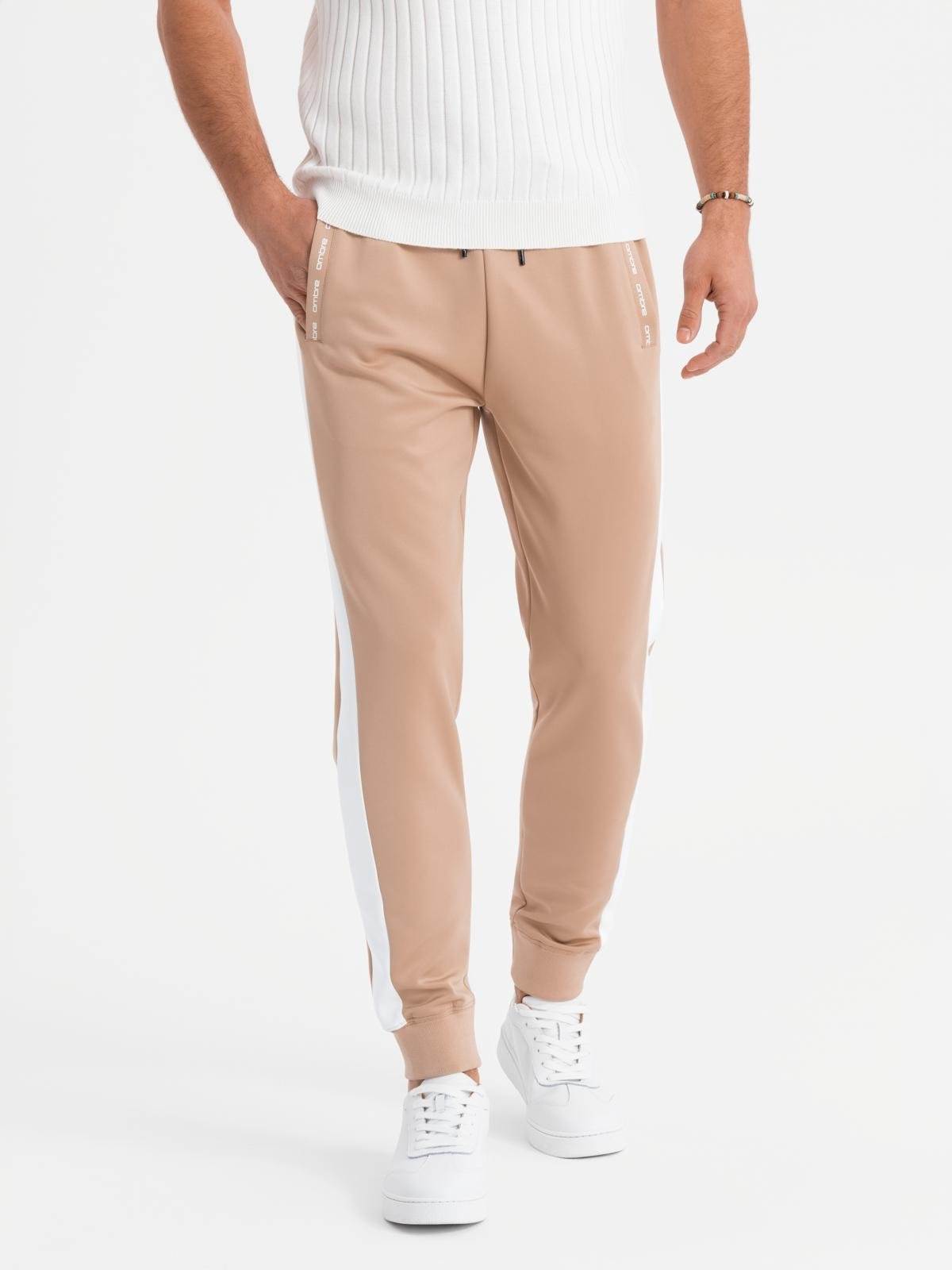Ombre Men&#039;s sweatpants joggers with contrasting stripes - beige