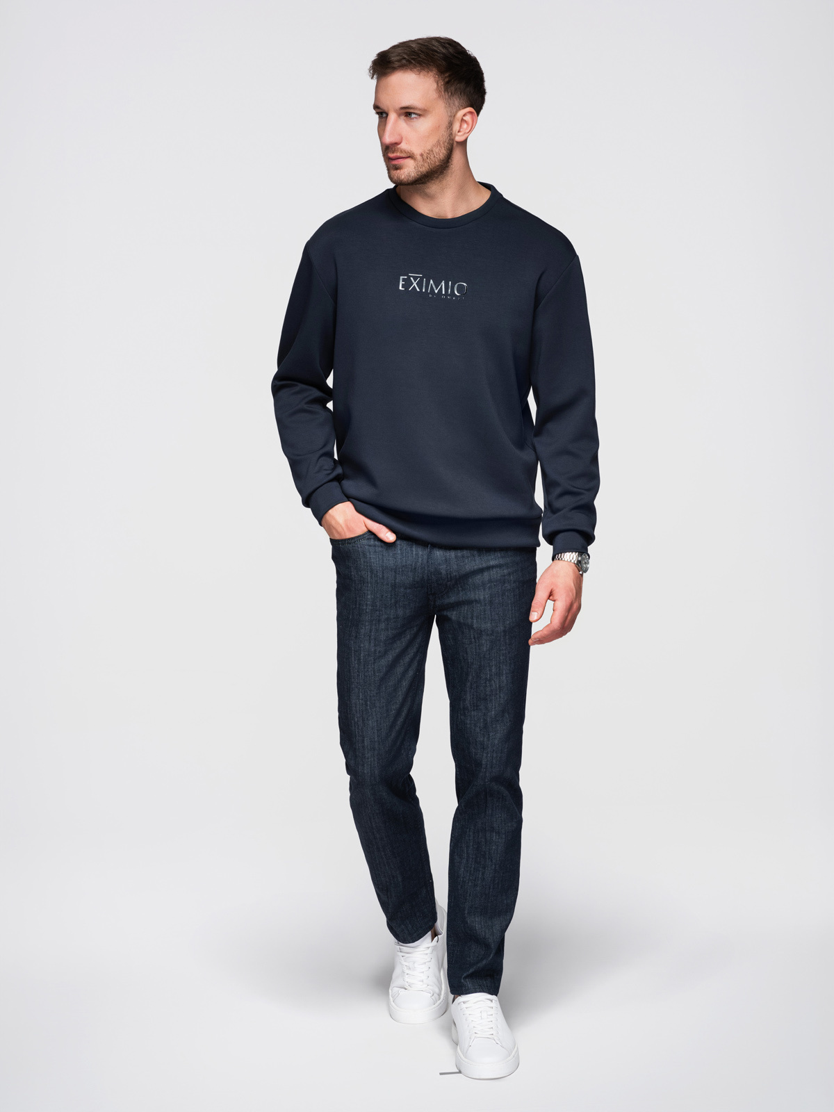 Ombre Men's regular sweatshirt with shiny print on chest - dark blue