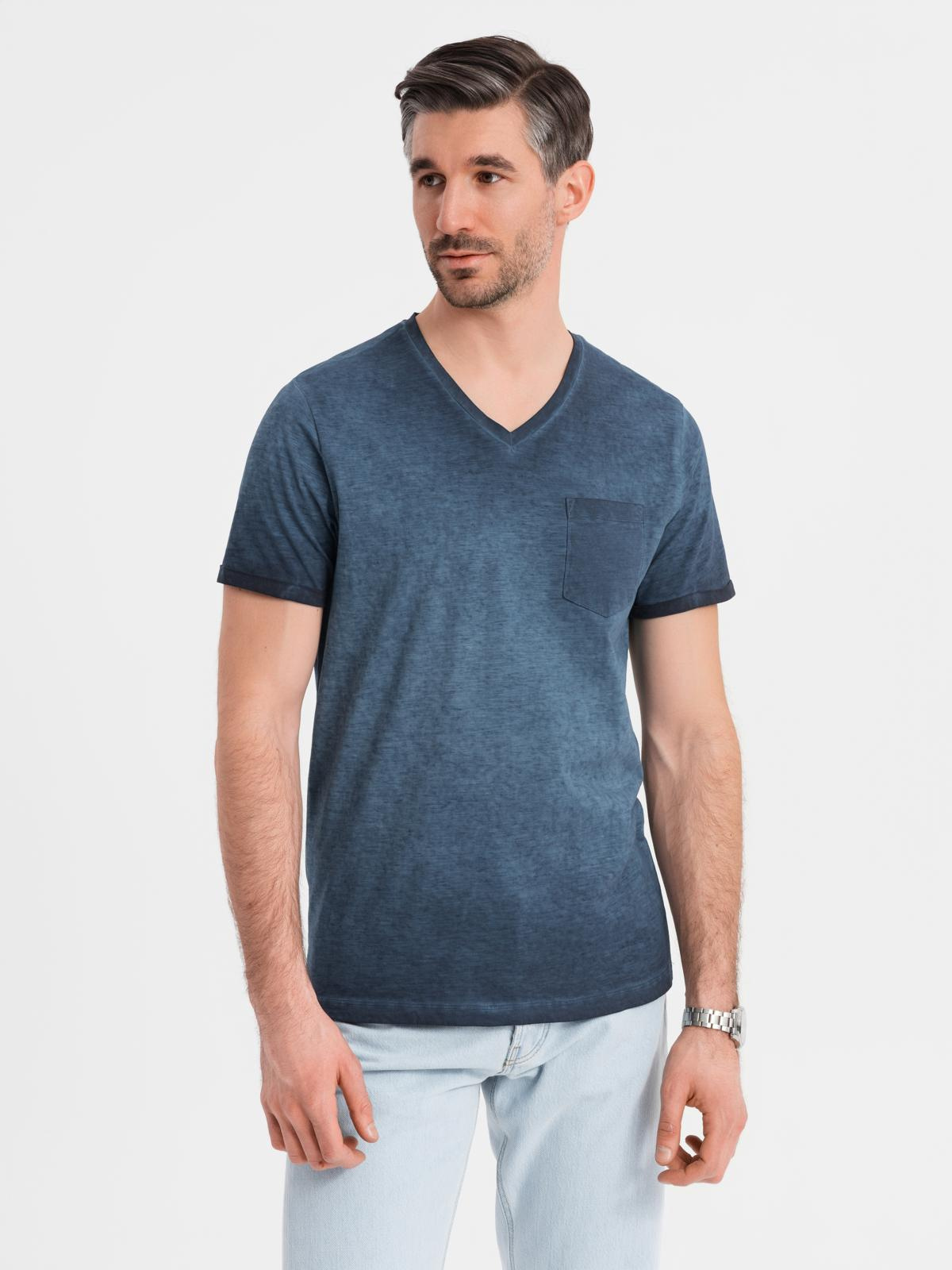 Ombre Men's cotton V-neck knit t-shirt with wash effect - navy blue