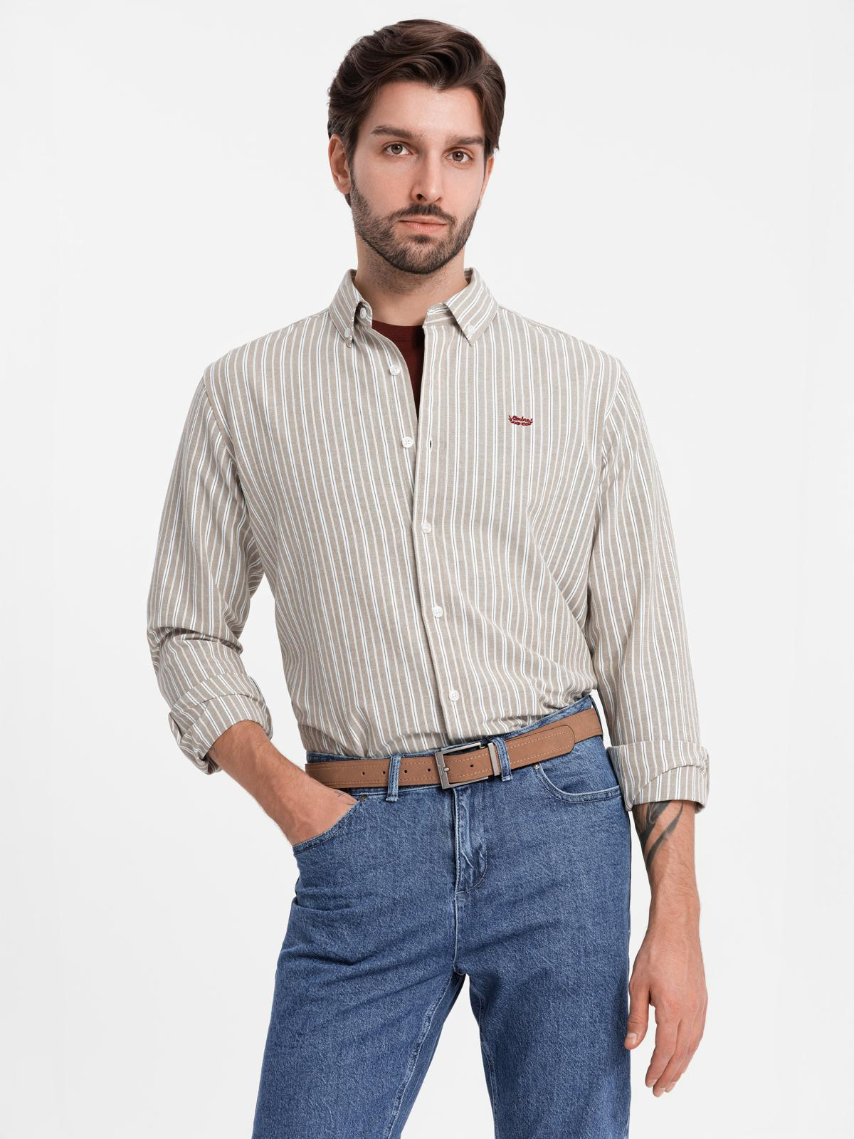 Ombre Men&#039;s cotton REGULAR FIT shirt with fine stripes - beige