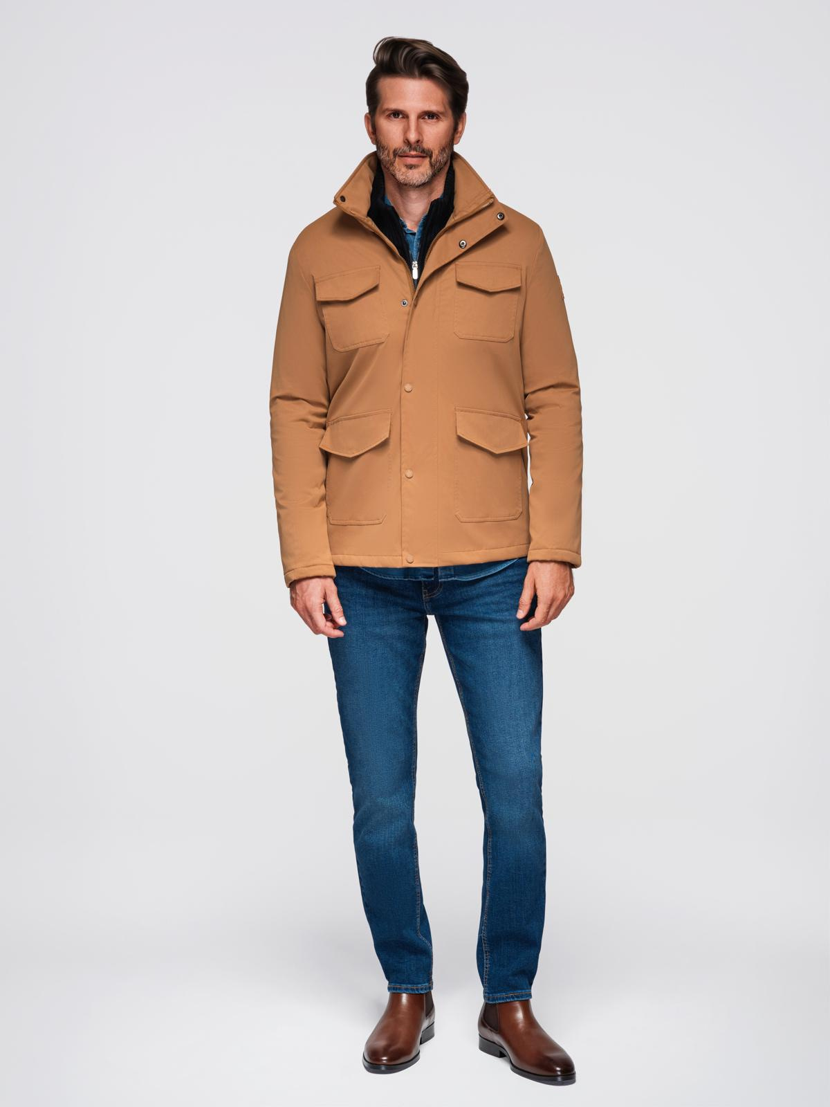 Ombre Men&#039;s lightweight jacket with pockets and high collar - brown