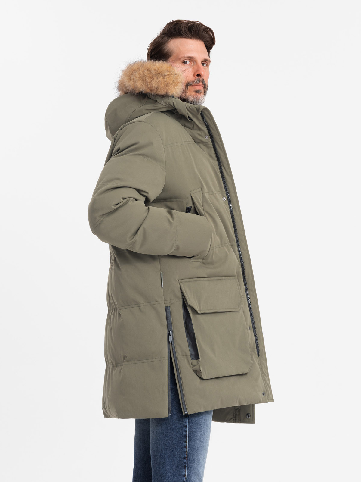 Ombre Men&#039;s long parka jacket with flared bottom - dark olive green