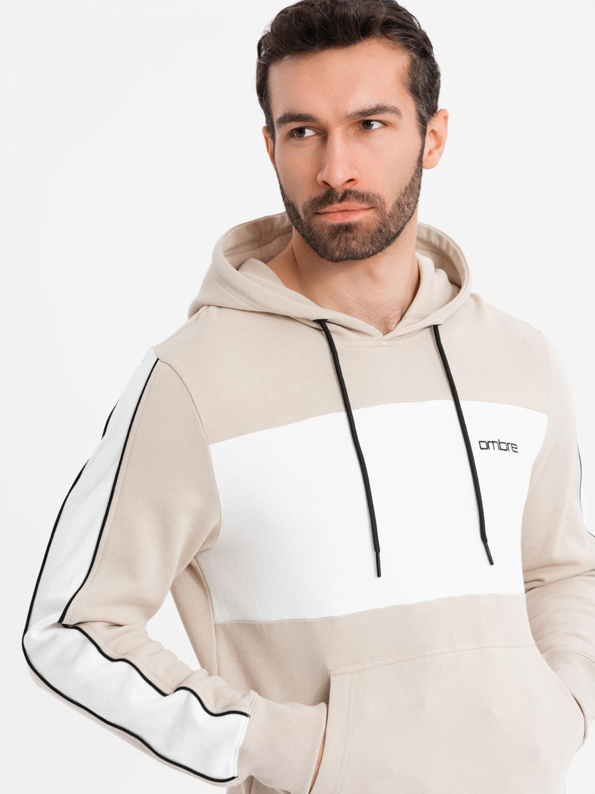 Ombre Men's cotton hoodie with contrasting elements - beige