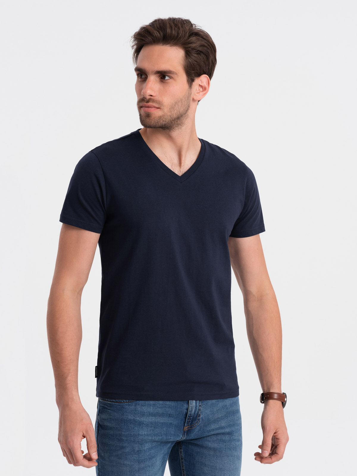 Levně Ombre BASIC men's classic cotton T-shirt with a crew neckline - navy blue