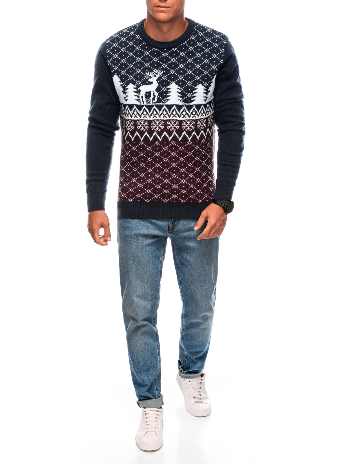 Edoti Men&#039;s Christmas winter jumper with reindeer - navy blue and white