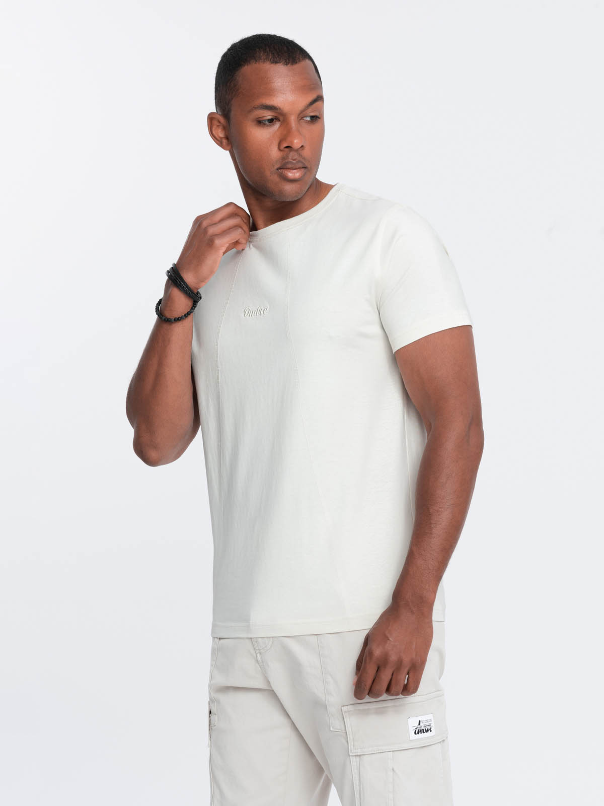 Ombre Men's cotton T-shirt with delicate embroidery - cream