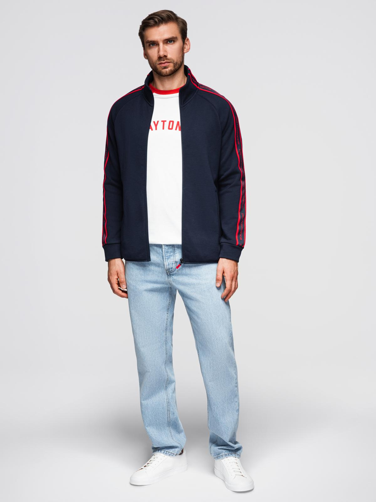 Ombre Men's unbuttoned sweatshirt with piping and high collar - navy blue