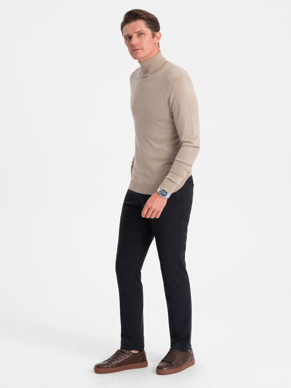 Ombre Men's knitted fitted turtleneck with viscose - beige