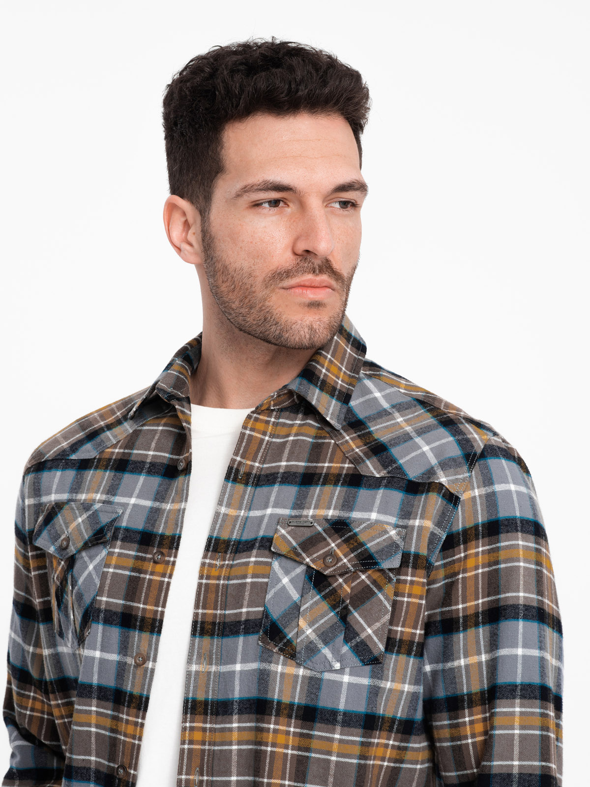 Ombre Men's Checkered Flannel Shirt With Pockets - Gray-yellow