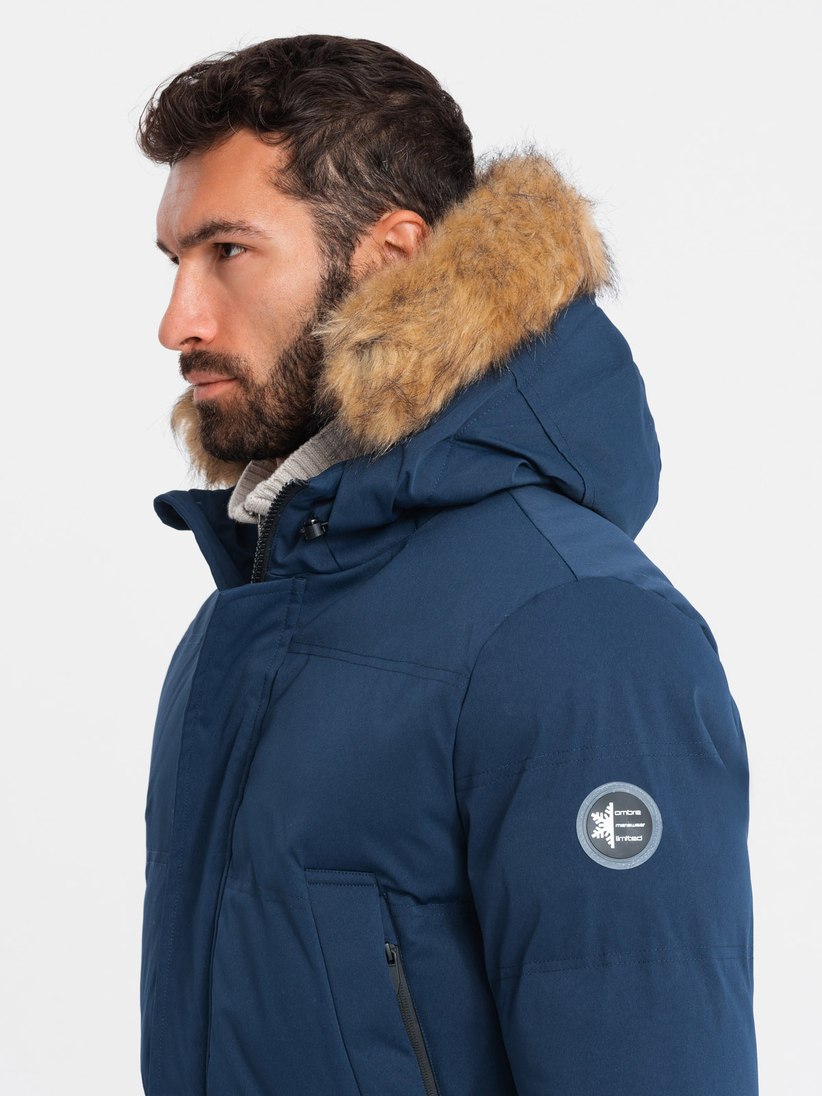 Ombre Men&#039;s long parka jacket with flared bottom - navy blue