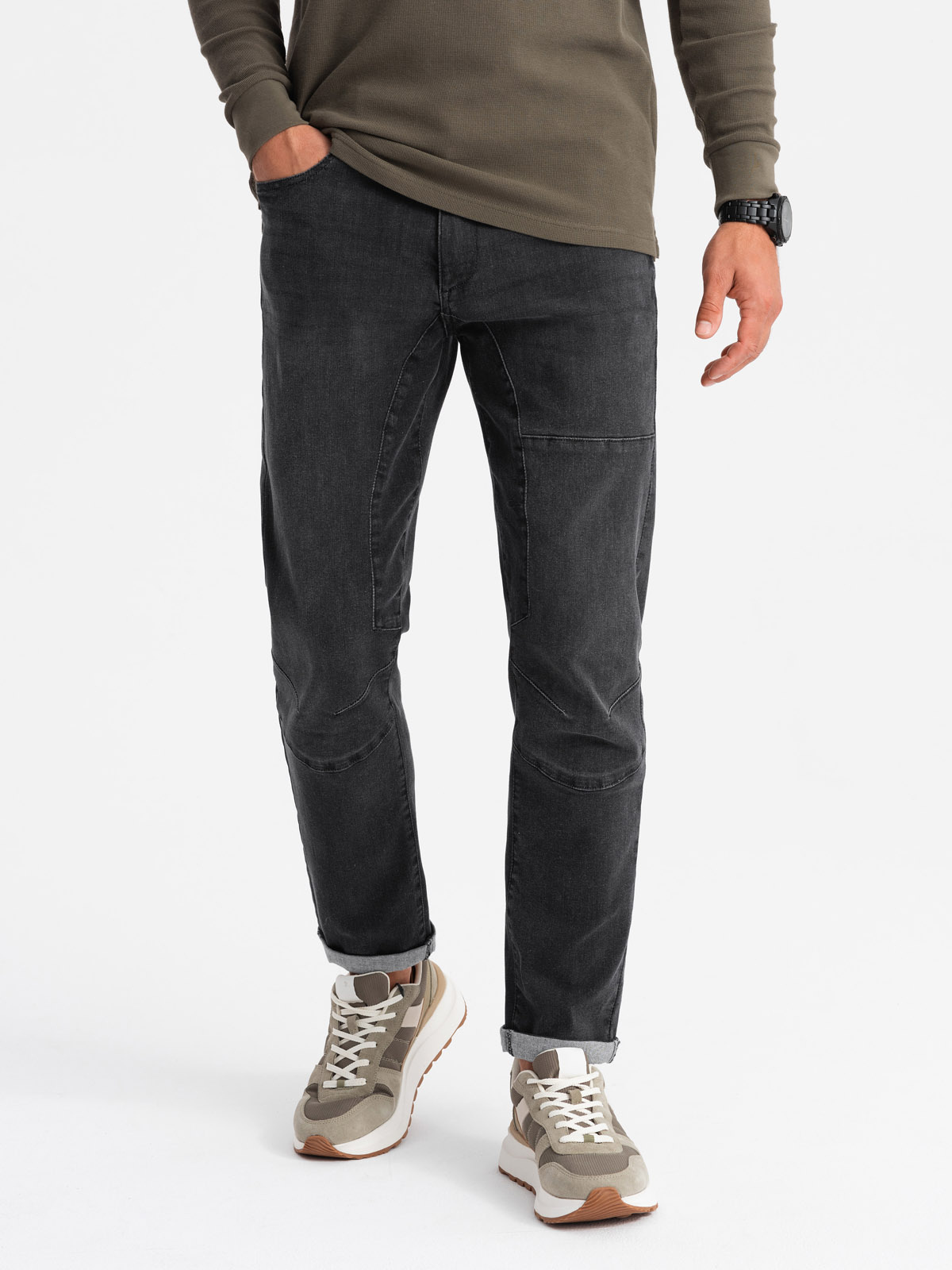 Ombre Men&#039;s TAPER FIT denim pants with stitching and rolled up legs - black