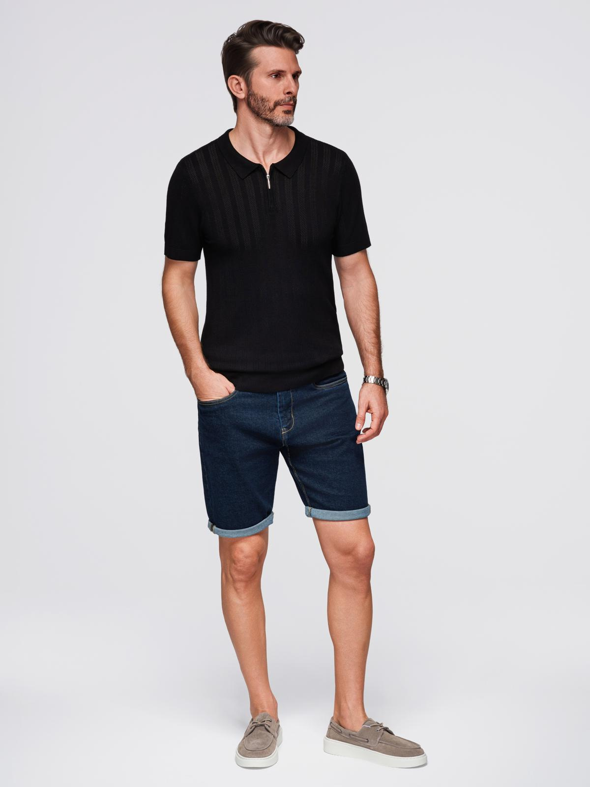 Ombre Men's openwork polo shirt with zipper at neckline - black