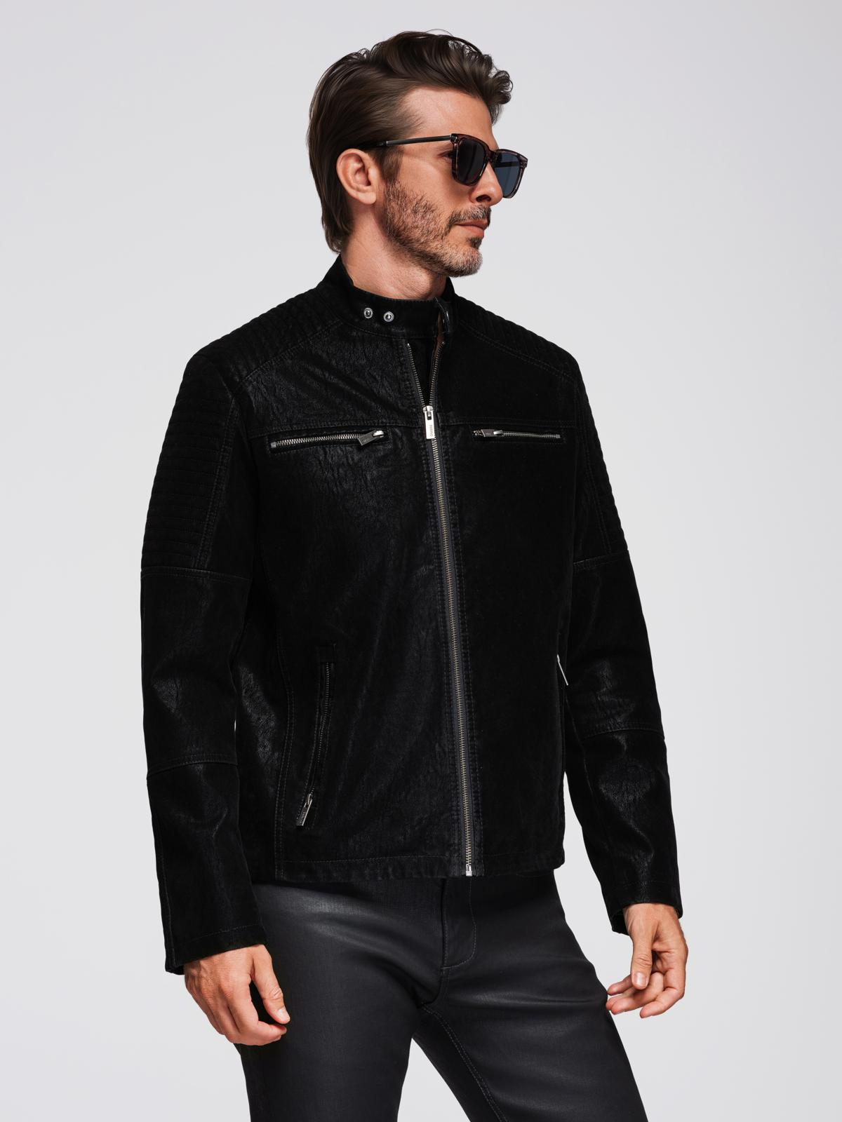 Ombre Men&#039;s retro-style biker jacket with stand-up collar - black