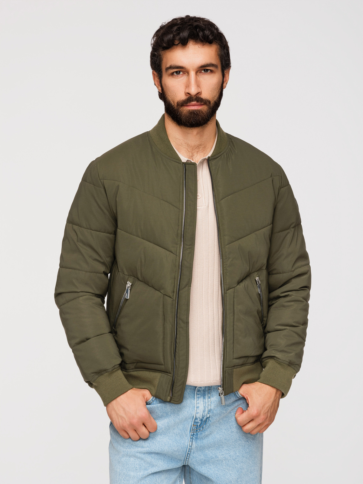 Ombre Men's quilted bomber jacket with metal zippers - dark olive green